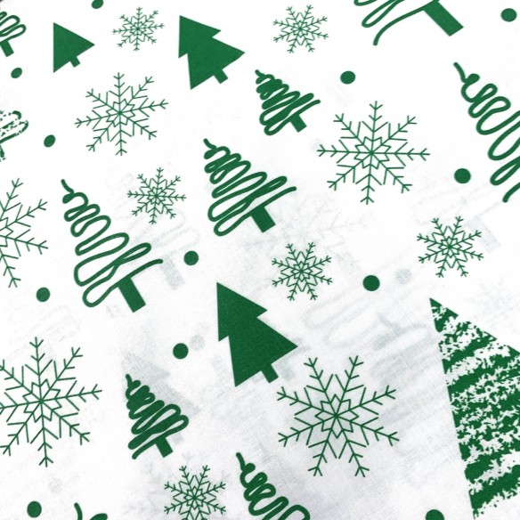Bavlnená látka - vianočné stromčeky zelená na bielej