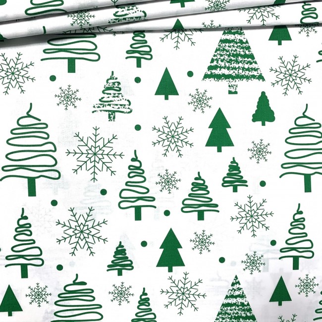 Bavlněná látka - vánoční stromky zelená na bílé