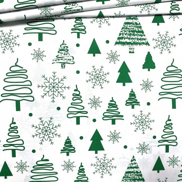 Bavlnená látka - vianočné stromčeky zelená na bielej
