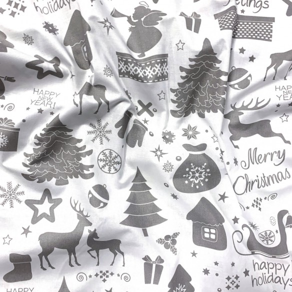 Cotton Fabric - Christmas greetings, Gray