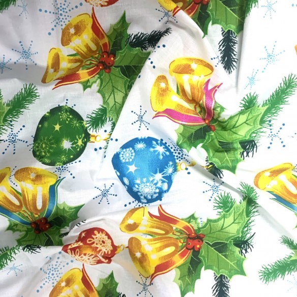 Cotton Fabric - Christmas Balls and Bells on White