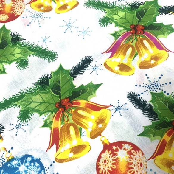 Cotton Fabric - Christmas Balls and Bells on White