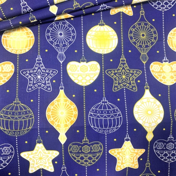 Cotton Fabric - Christmas Balls on Navy Blue