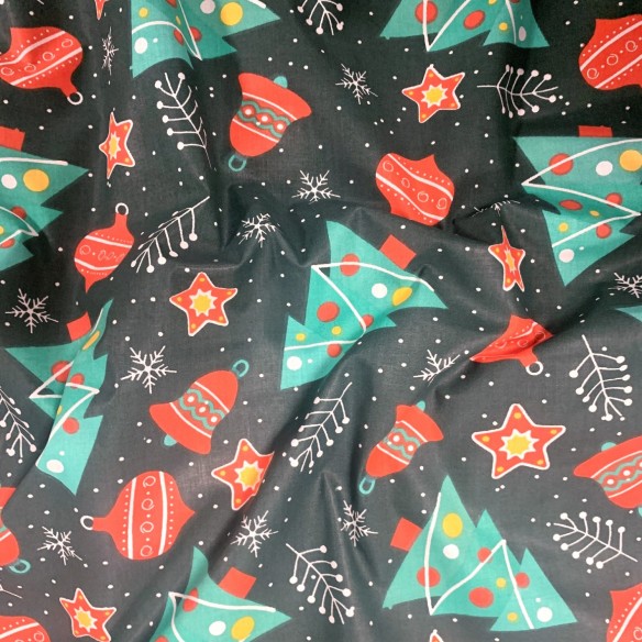 Cotton Fabric - Christmas Trees and Balls on Green