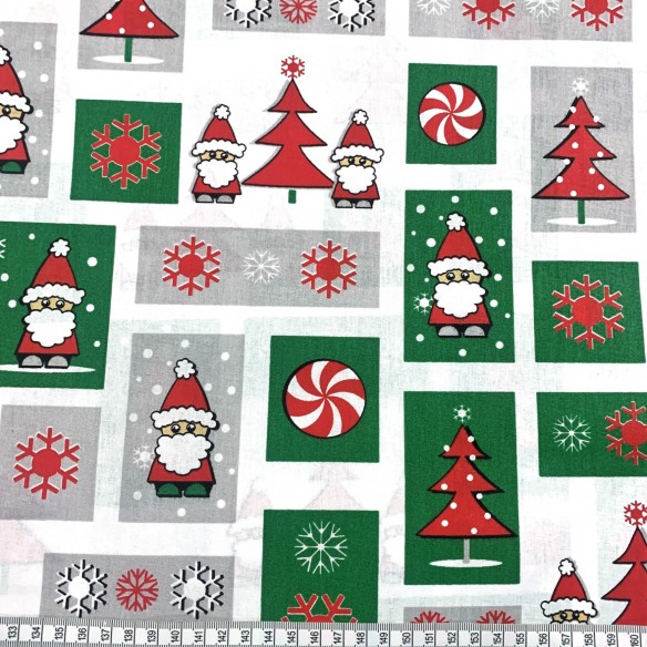 Bavlnená látka - vianočný patchwork, mikulášska červená a zelená