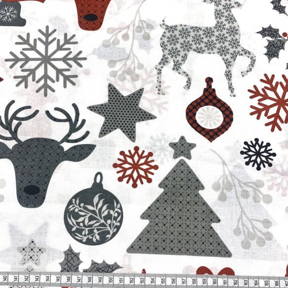 Cotton Fabric - Christmas snowflakes and Reindeer, White