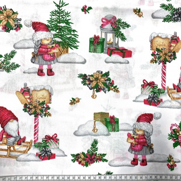 Cotton Fabric - Christmas Gnomes, White