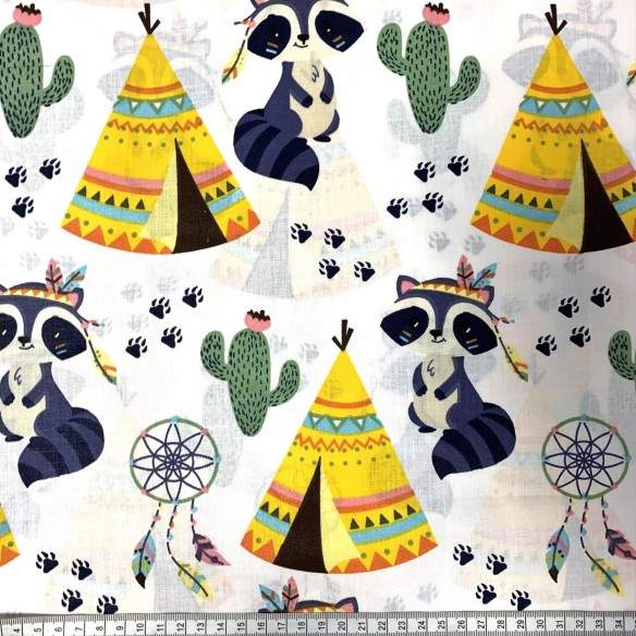 Cotton Fabric - Raccoon and Teepees