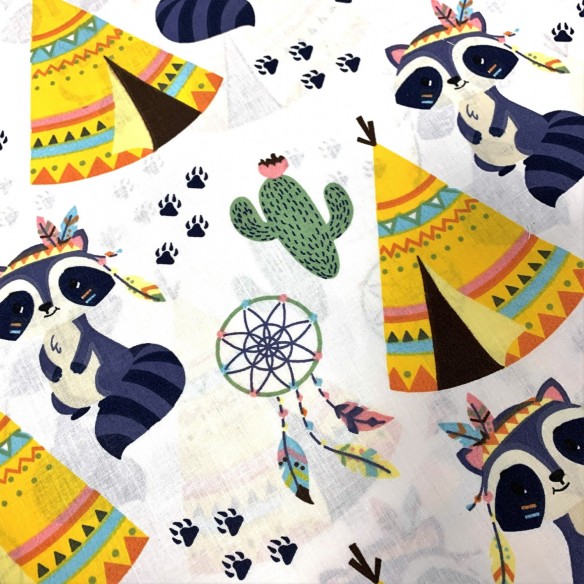 Cotton Fabric - Raccoon and Teepees