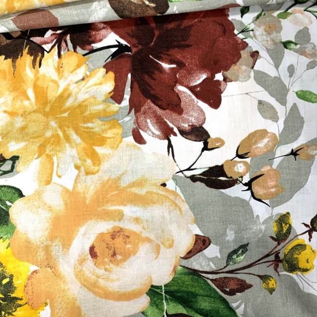 Bavlnená látka 220 cm - kvety, bordová a žltá
