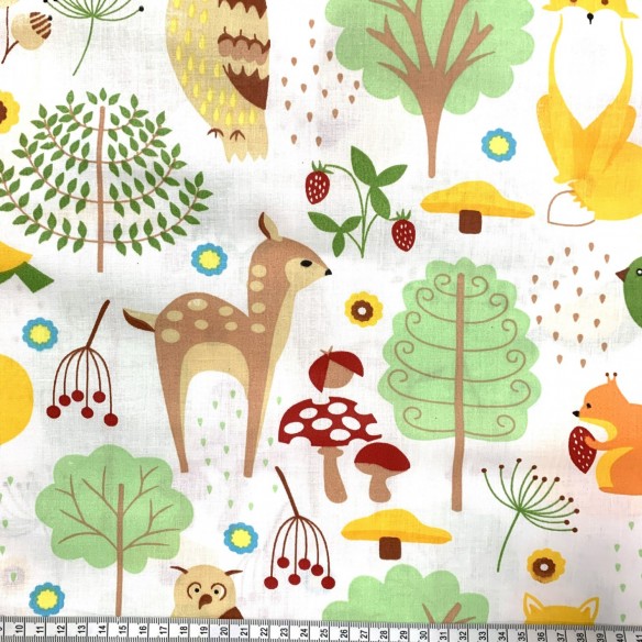 Cotton Fabric - Animals in the forest, Green and Yellow