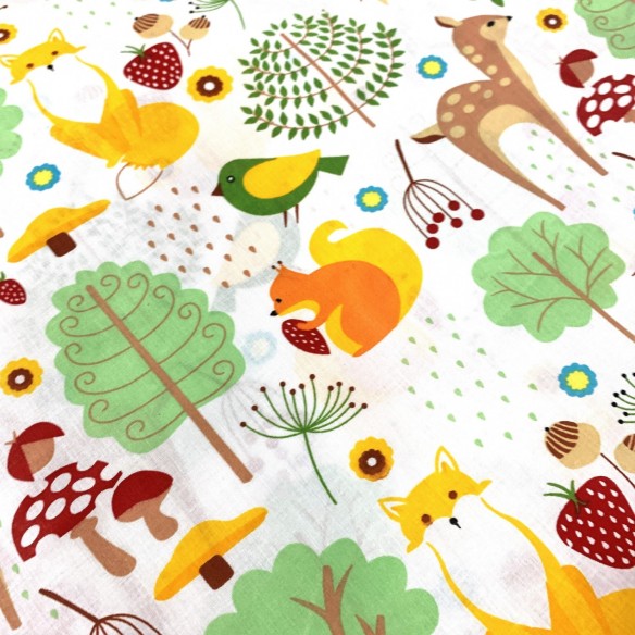 Cotton Fabric - Animals in the forest, Green and Yellow