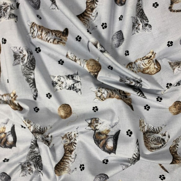 Cotton Fabric - Cats Paws and Yarn on Light Gray
