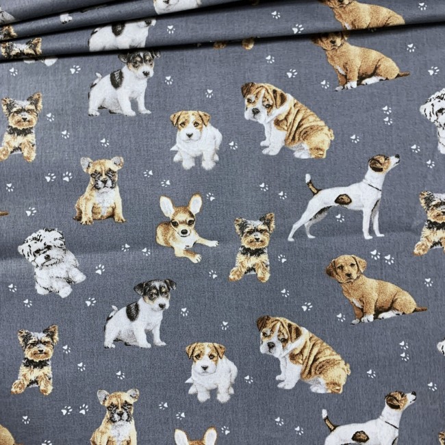 Cotton Fabric - Dogs and Paws on Gray