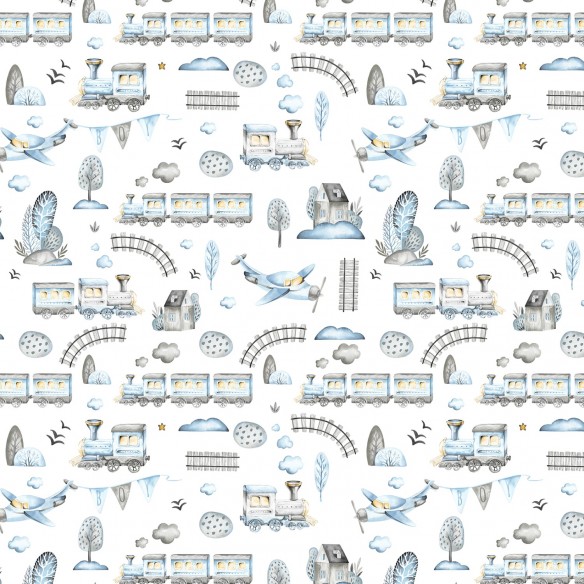 Cotton Fabric - Choo-choos Planes and Houses, Gray