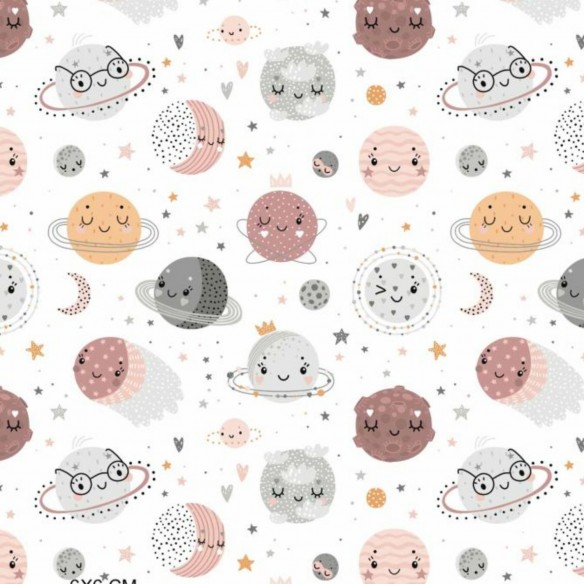 Cotton Fabric - Planets, Pink