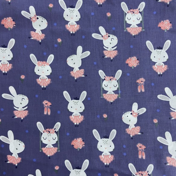 Cotton Fabric - Bunny Ballerinas, Navy Blue