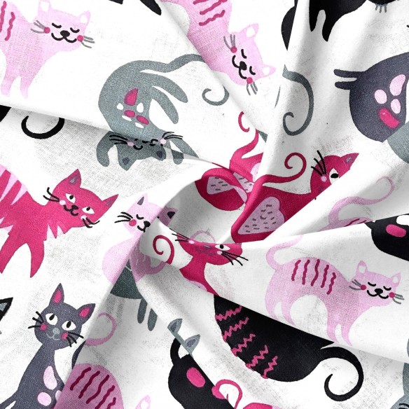Cotton Fabric - Cats Pink and Black on White