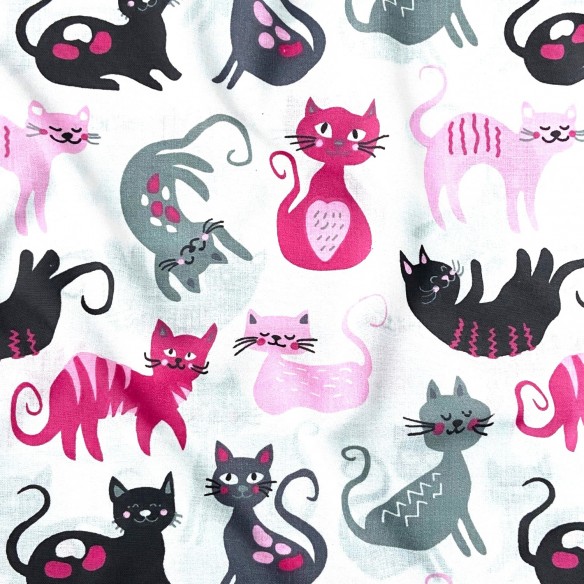 Cotton Fabric - Cats Pink and Black on White