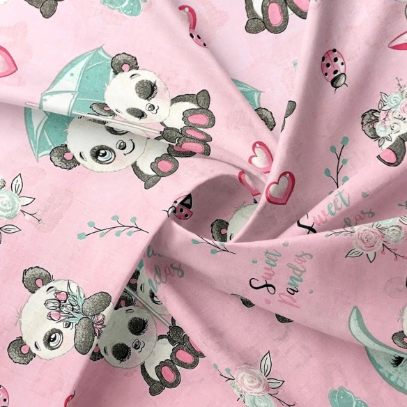 Cotton Fabric - Pastel Pandas, Pink