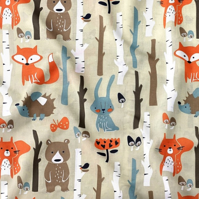 Cotton Fabric - Forest Animals Beige