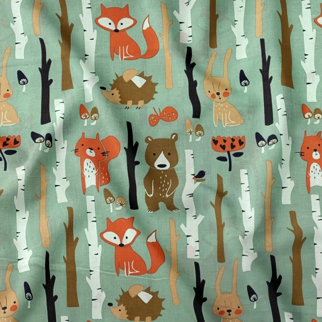 Cotton Fabric - Forest Animals Mint