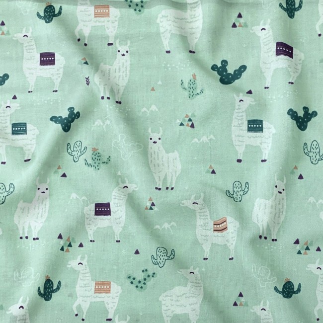 Cotton Fabric - Llama on Mint Background