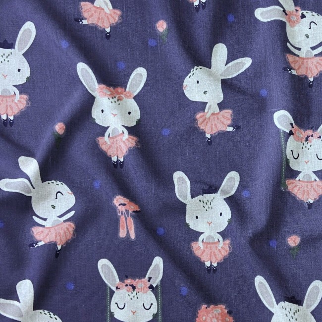Cotton Fabric - Bunny Ballerinas, Navy Blue