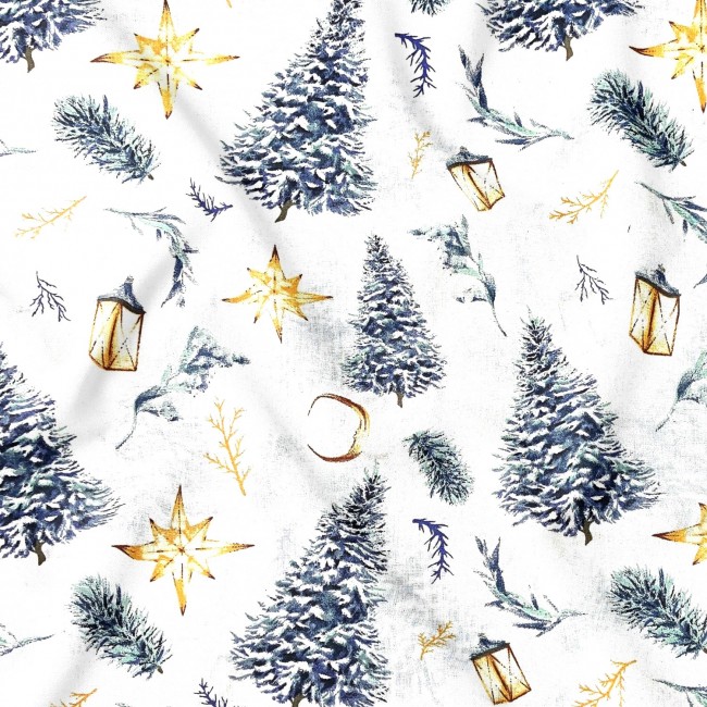 Cotton Fabric - Christmas Trees and Stars, White