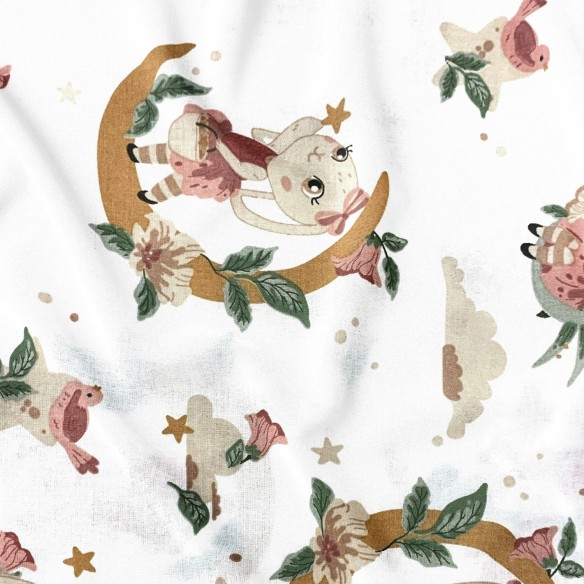 Cotton Fabric - Bunnies and moons, Brown