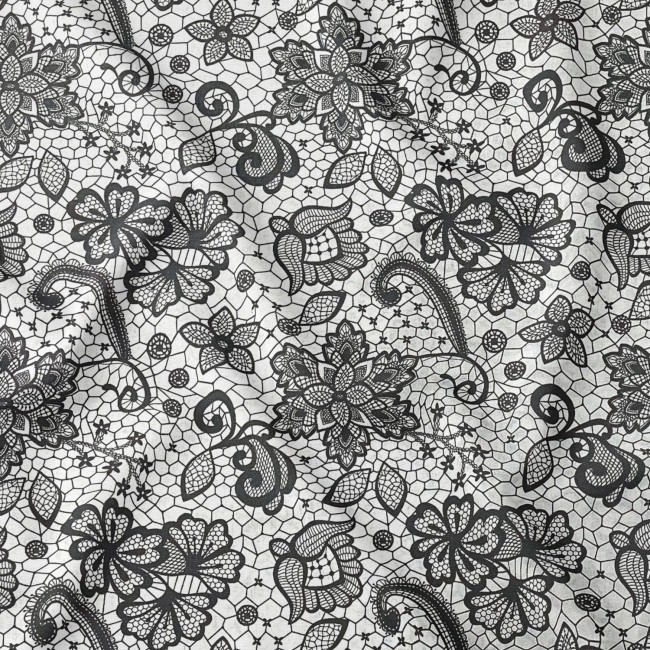 Cotton Fabric - Grey Lace on White
