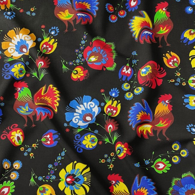 Cotton Fabric - Folklore Rooster Black