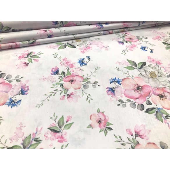 Cotton Fabric - Apple Tree Blossoms on White