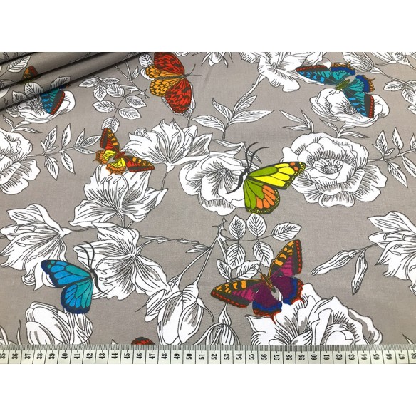 Cotton Fabric - Butterflies in the Garden on Grey