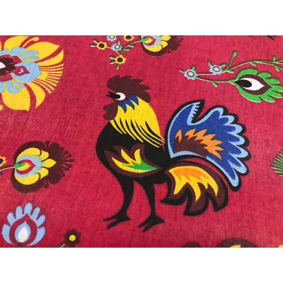 Cotton Fabric - Folklore Rooster Red