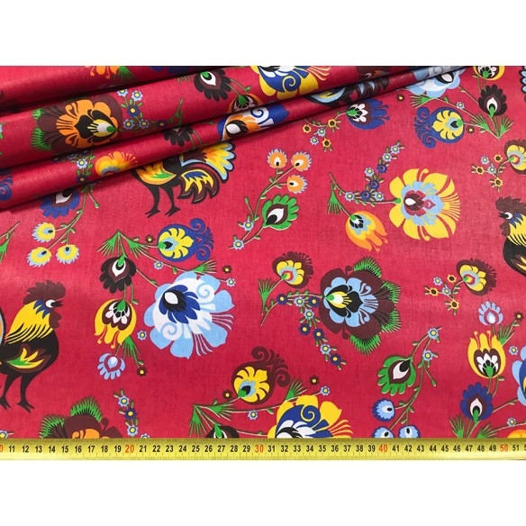 Cotton Fabric - Folklore Rooster Red