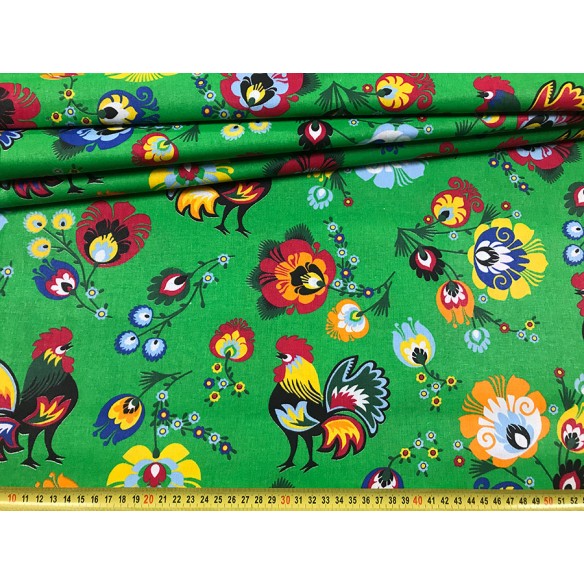 Cotton Fabric - Folklore Rooster Green