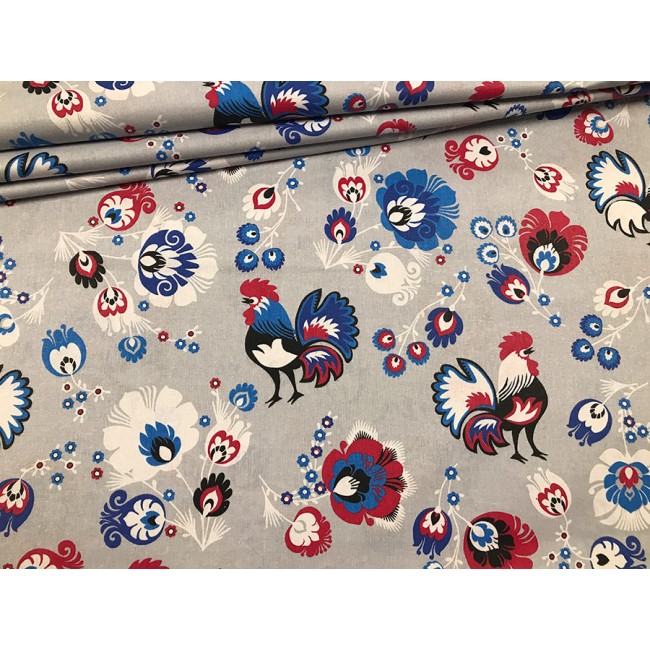 Cotton Fabric - Folklore Rooster Grey-Blue
