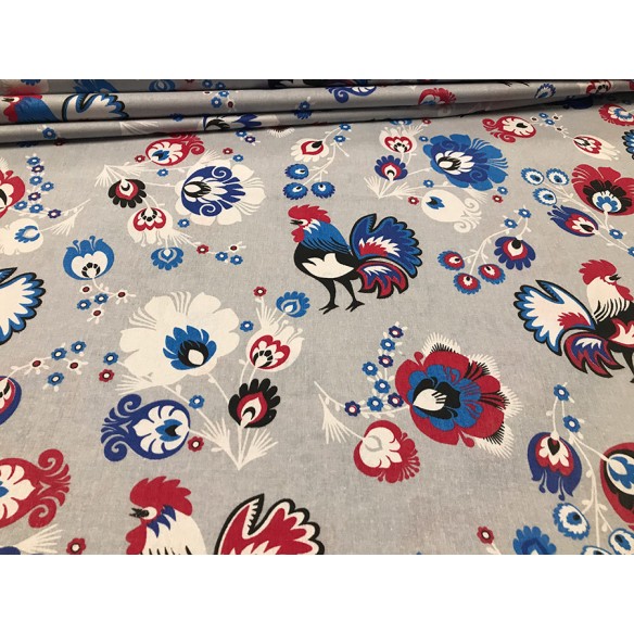 Cotton Fabric - Folklore Rooster Grey-Blue