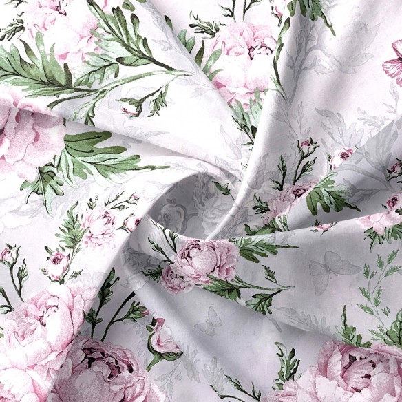 Cotton Fabric - Peony Flowers, Gray