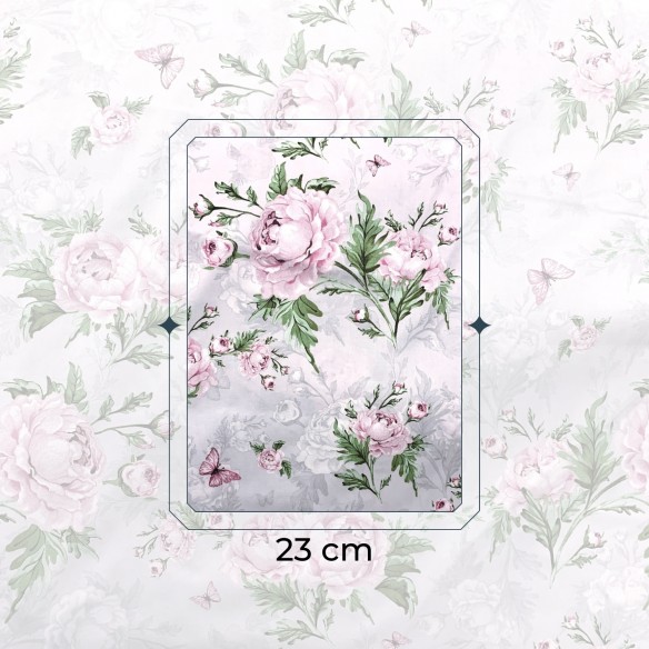Cotton Fabric - Peony Flowers, Gray