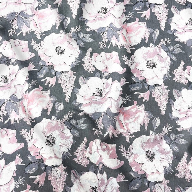 Cotton Fabric - Peony Flowers on Grey