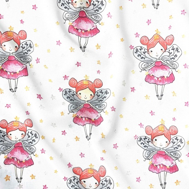 Cotton Fabric - Pink Fairy on White