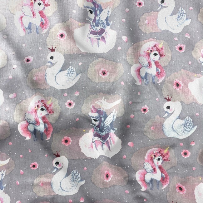 Cotton Fabric - Unicorns and Swans Grey