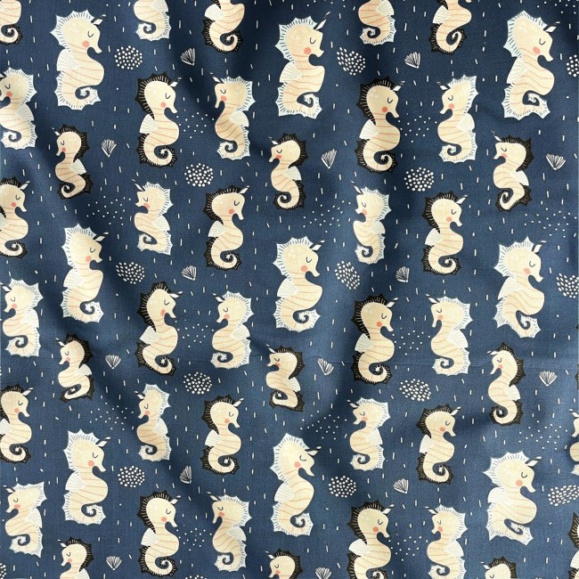 Cotton Fabric - Seahorse, navy blue