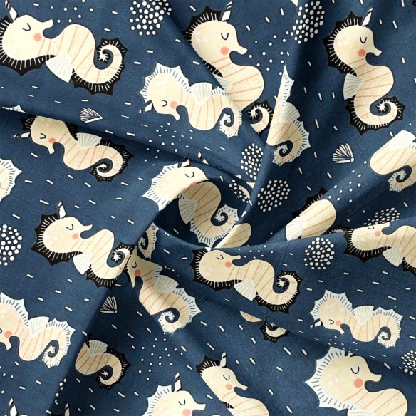 Cotton Fabric - Seahorse, navy blue