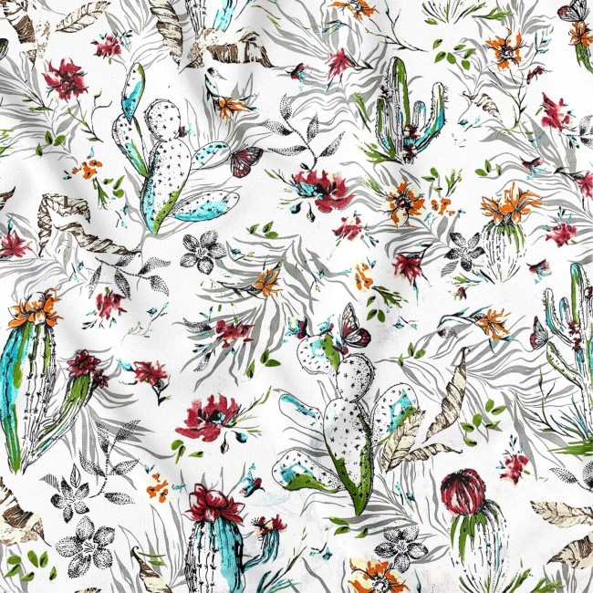 Cotton Fabric - Cactus And Flowers On...
