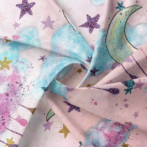 Cotton Fabric - Moons and Clouds, Pink