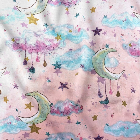 Cotton Fabric - Moons and Clouds, Pink