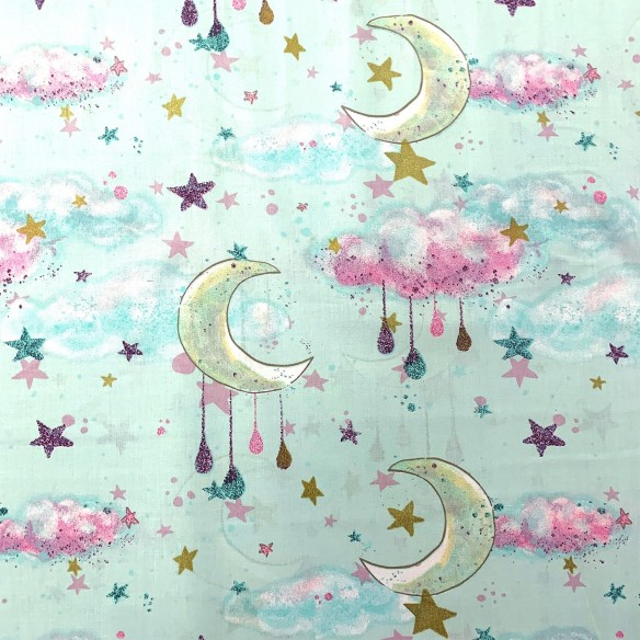 Cotton Fabric - Moons and Clouds, Mint